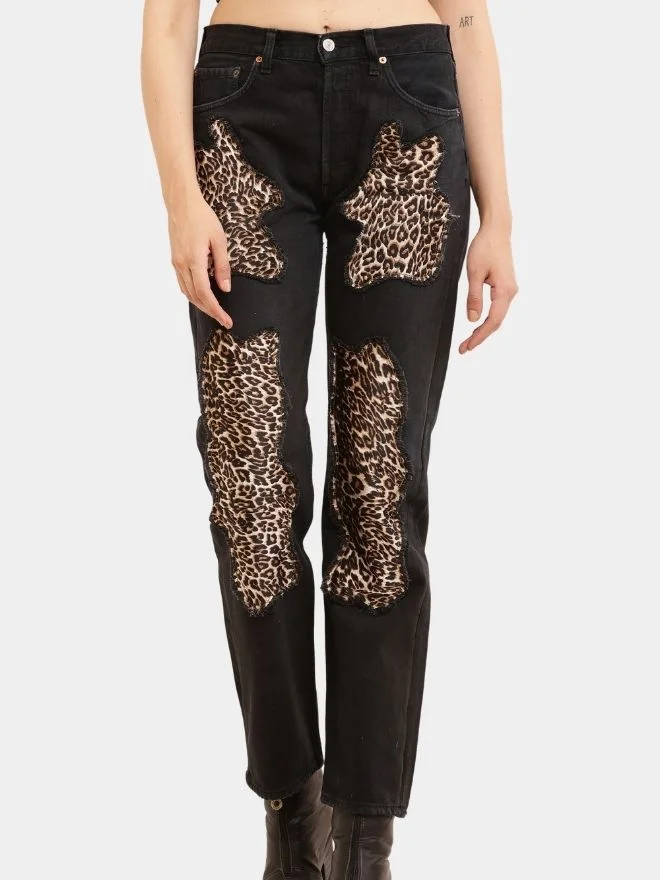 131 Leopard Patchwork Reworked Denim Jeans - Image 1