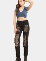 Leopard Patchwork Reworked Denim Jeans - Image 9