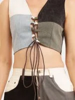 Baggy Denim Set –  Patch Jeans & Lace V-Neck Top - Image 4