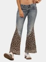 Denim leopard flare jeans – high waist animal print wide leg