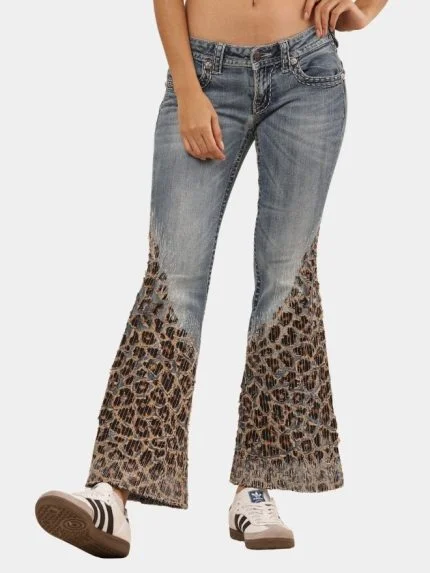 Denim leopard flare jeans – high waist animal print wide leg