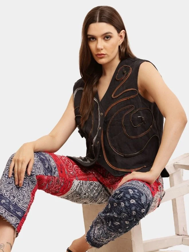 195 Vintage Zipper Reworked Denim Vest Coat - Image 1