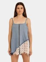 Denim & White Net Rework Dress with Front Zipper - Image 3