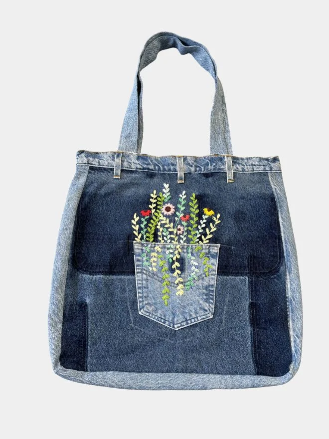 20 Eco-Stitch Floral Hand-Embroidered Denim Bag - Image 1