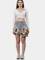 Patchwork Skirt with Gingham & Canvas Panels - Image 9