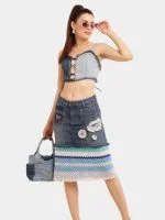 Distressed Heart Denim Top & Crochet Patchwork Skirt Set - Image 5