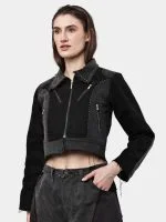 Jacket with Zipper Detail & White Thread Patchwork - Image 14