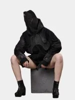 Double Hood Black Denim Jacket – Full Head Zip Mask Jacket - Image 2