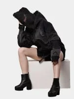Double Hood Black Denim Jacket – Full Head Zip Mask Jacket - Image 13