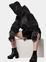 Double Hood Black Denim Jacket – Full Head Zip Mask Jacket - Image 12