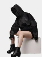 Double Hood Black Denim Jacket – Full Head Zip Mask Jacket - Image 10