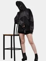 Double Hood Black Denim Jacket – Full Head Zip Mask Jacket - Image 9