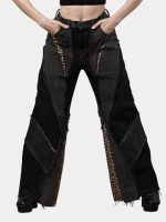 Distressed Leopard Patchwork Barrel Denim Pants
