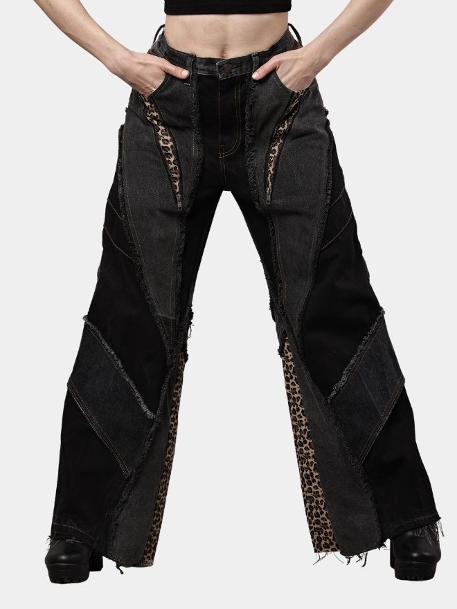 40 Distressed Leopard Patchwork Barrel Denim Pants - Image 1