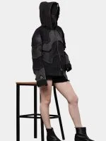 Double Hood Black Denim Jacket – Full Head Zip Mask Jacket - Image 7
