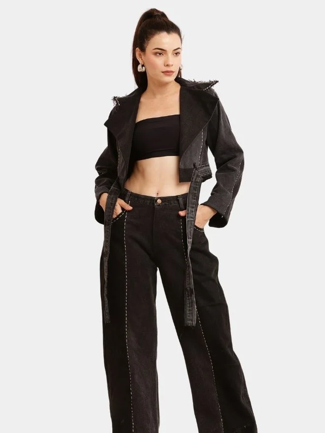 40 Black Notch Reworked Cropped Denim Jacket - Image 1