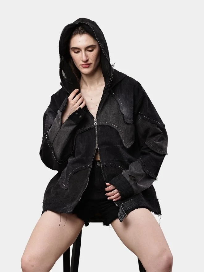 41 Double Hood Black Denim Jacket – Full Head Zip Mask Jacket - Image 1