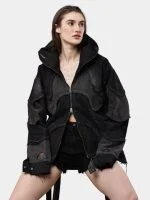 Double Hood Black Denim Jacket – Full Head Zip Mask Jacket - Image 5