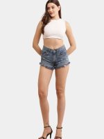 Distressed Hem Blue Denim Shorts - Image 4
