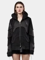 Double Hood Black Denim Jacket – Full Head Zip Mask Jacket - Image 4