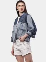 Two Tone Blue Reworked Denim Jacket with Utility Pockets - Image 8