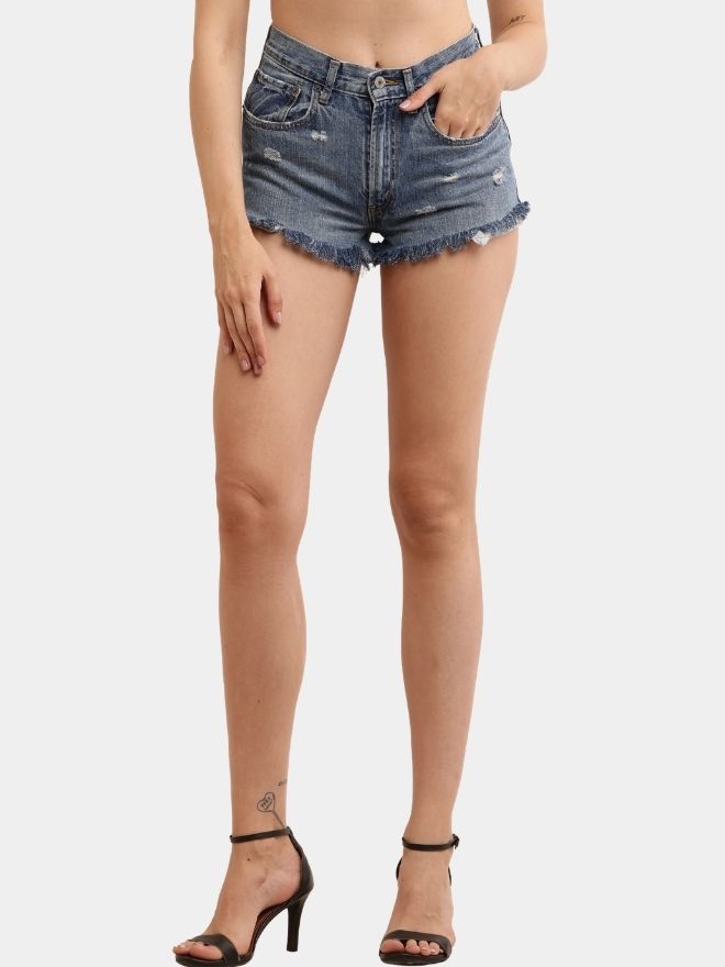 45 Distressed Hem Blue Denim Shorts - Image 1