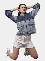 Two Tone Blue Reworked Denim Jacket with Utility Pockets