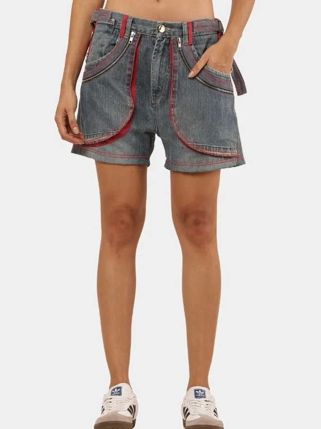 48 Vintage Denim Panel Shorts with Red Stitch Detail - Image 1