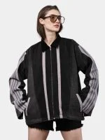 Two-Tone Black Denim Jacket with Grey Stripe Panels - Image 7
