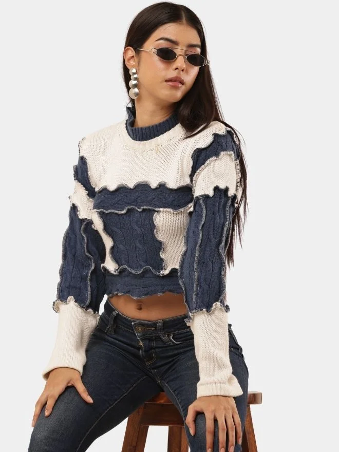 Vintage Cable Knit Crop Sweater – Blue & White Panel Design Vintage Cable Knit Crop Sweater