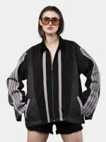 Two-Tone Black Denim Jacket with Grey Stripe Panels - Image 6