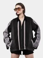 Two-Tone Black Denim Jacket with Grey Stripe Panels - Image 5