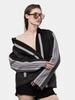 Two-Tone Black Denim Jacket with Grey Stripe Panels - Image 4