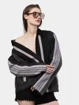 Two-Tone Black Denim Jacket with Grey Stripe Panels
