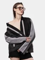 Two-Tone Black Denim Jacket with Grey Stripe Panels