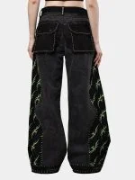 Black Baggy Pants with Neon Green Hand Stitch - Image 2