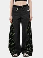 Black Baggy Pants with Neon Green Hand Stitch