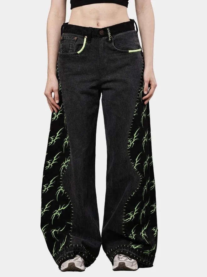 73 Black Baggy Pants with Neon Green Hand Stitch - Image 1
