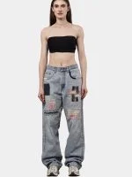 Denim Pants with Sashiko Threadwork & Patch Embroidery - Image 5