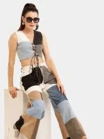 Baggy Denim Set –  Patch Jeans & Lace V-Neck Top - Image 7
