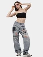 Denim Pants with Sashiko Threadwork & Patch Embroidery - Image 3