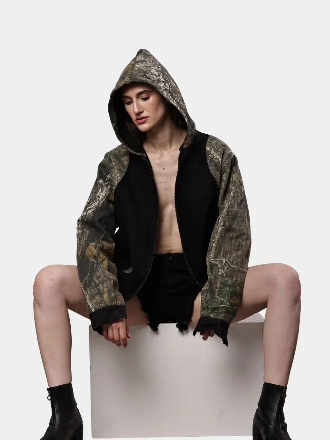81 Reworked Realtree Camo & Black Denim Hooded Jacket - Image 1