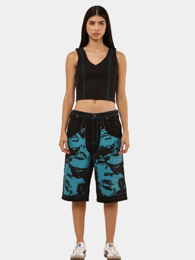 9 Blue Face Print Reworked Vintage Denim Jorts - Image 1