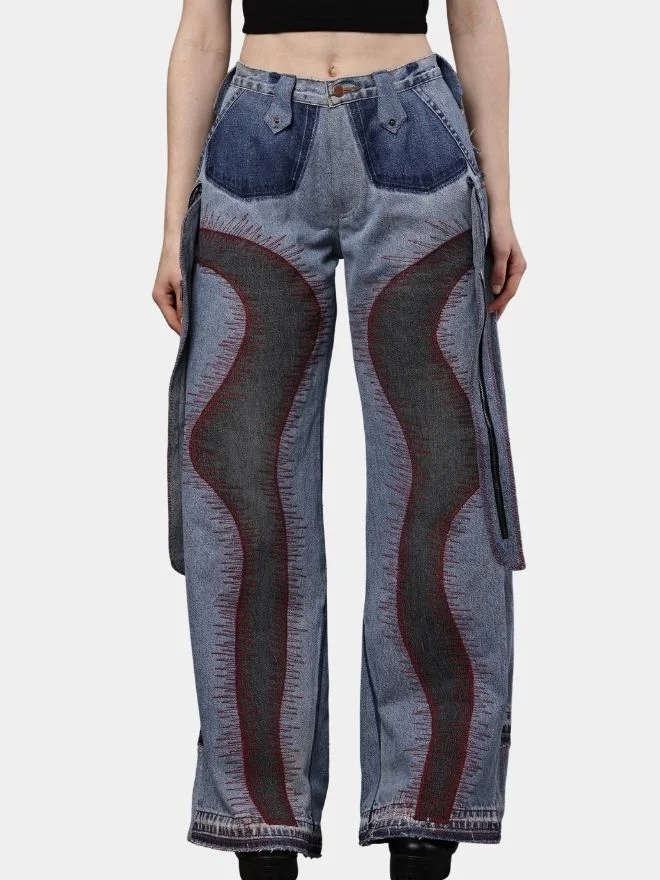 93 Denim Pants with Red Thread Detailing & 3D Pocket Design - Image 1