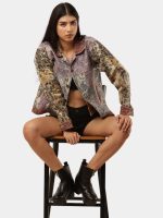 Satin Scarf & Vintage Canvas Jacket – Intricate Stitch Detail - Image 4