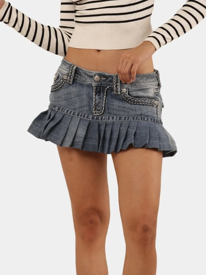 Pleated Denim Mini Skirt