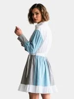 Color-Block Puff Sleeve Shirt Dress with Ruffled Hem - Image 8