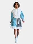 Color-Block Puff Sleeve Shirt Dress with Ruffled Hem