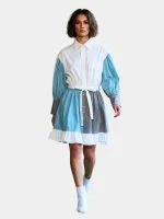Color-Block Puff Sleeve Shirt Dress with Ruffled Hem