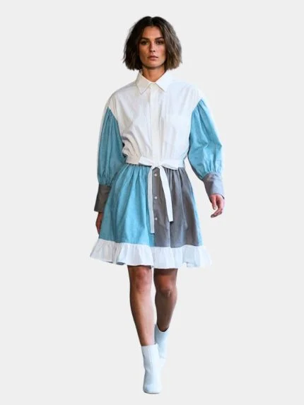 Color-Block Puff Sleeve Shirt Dress with Ruffled Hem